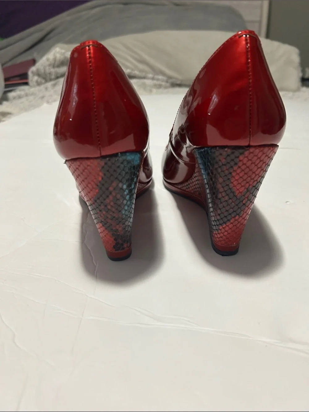 Donald J. Pliner Red Patent Peep-Toe Wedge with Snakeskin-Print Heel size 9.5